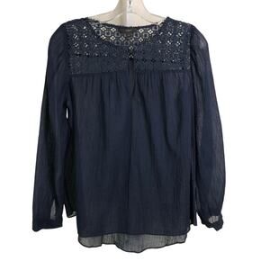 J.Crew Wmns Peasant Top  Size 6 Navy Blue Gauzy Lacy Button at Neck Long Sleeve